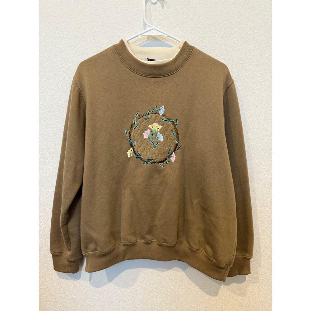 Vintage‎ Grandma Floral Embroidered Crewneck Sweatshirt Faux Layer Tan Large